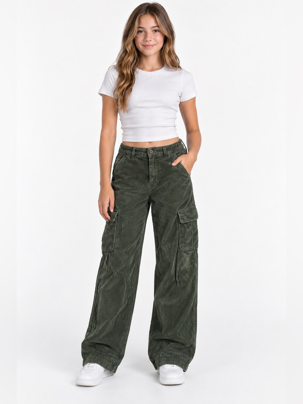 Abercrombie Kids Girls 15/16 Baggy Corduroy Cargo Pants Olive Green